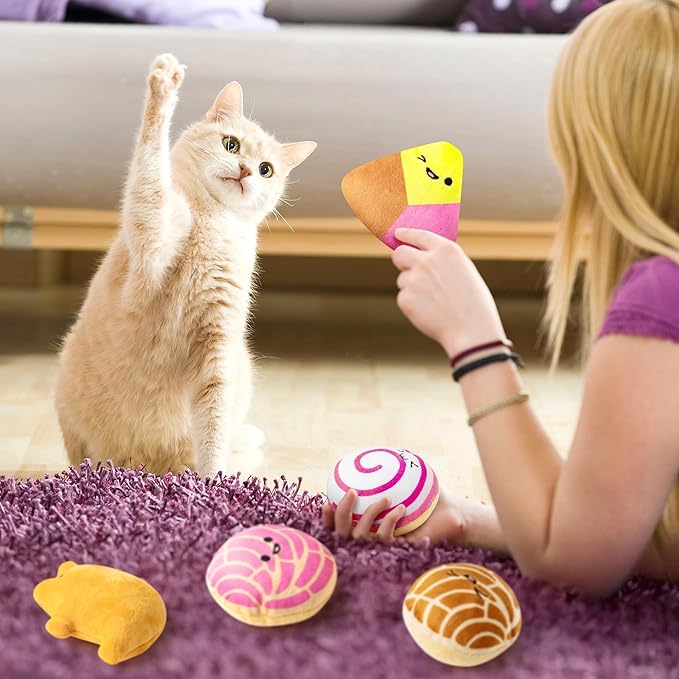 L1rabe Mexican Catnip Stuffed Toys - 5Pcs National Pet Day Mexican Cinco de Mayo Concha Cafecito Pan Dulce Funny Cat Toys for Cat Lovers Gift Indoor Kitten Chew Bite Kick Non-Toxic Pet Supplies Kitten