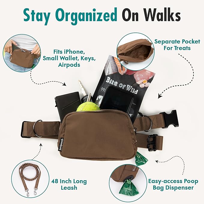 Hands Free Dog Leash with Dog Treat Pouch - Stylish & Trendy Waist Leash for Dog Walking - Wear Around the Waist or Crossbody - Durable & Detachable - Shock Absorbing - Waste Bag Dispenser