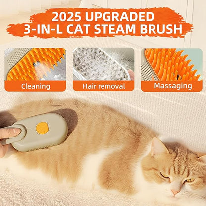 Cat Steam Brush for Shedding, 2025 New 3 in 1 Cat Brushes for Indoor Cats, Pet Steam Groomer Comb, Hair Water Brush Hair Removal Comb for Cats Dogs (Khaki+White)