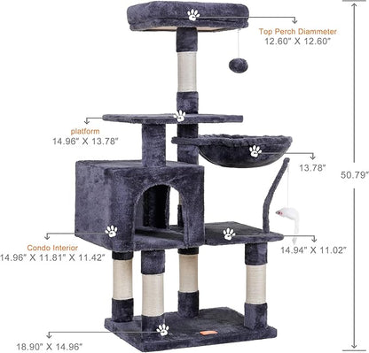 Heybly Cat Tree with Toy, Cat Tower Condo for Indoor Cats, Cat House with Padded Plush Perch, Cozy Hammock and Sisal Scratching Posts, Smoky Gray HCT004G