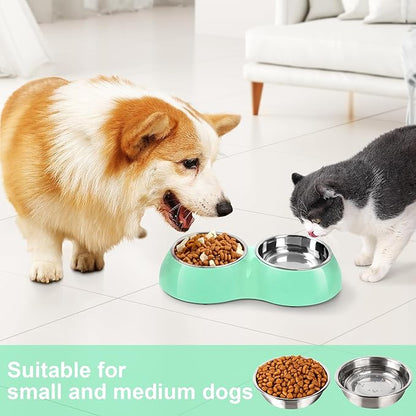 Stainless Steel Dog Bowls Set – Dual Non-Slip Pet Dishes with 2 Small (4oz*2) Bowls & Durable Resin Stand,Food & Water Feeder for Puppies, Kittens, and Small Breed Dogs - Green