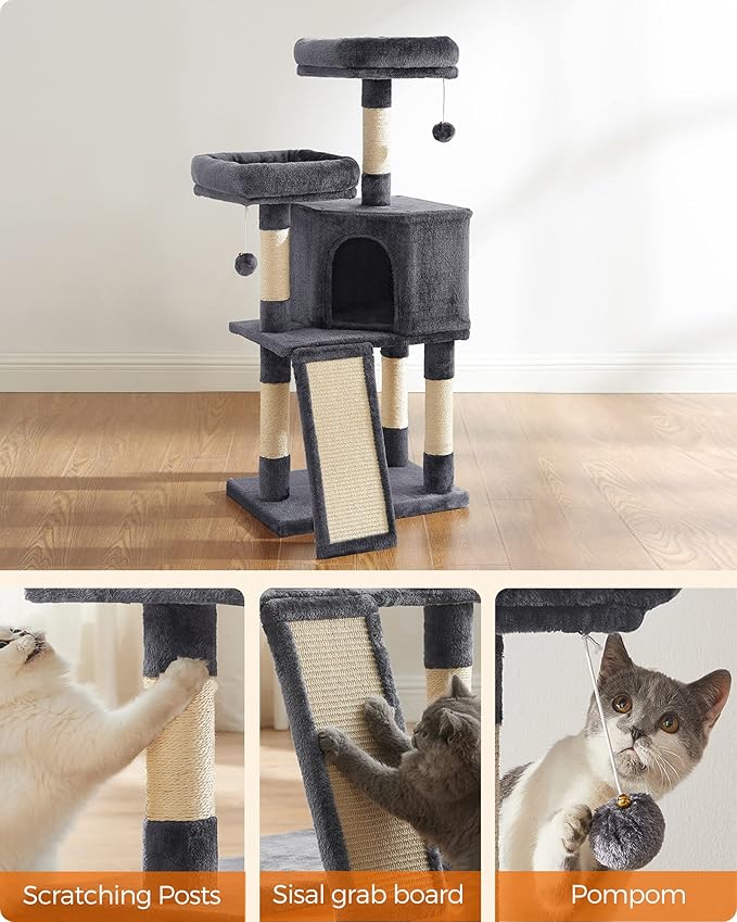 Feandrea Cat Tree, 45.3-Inch Cat Tower, Plush Condo with Scratching Post, Ramp, Perch, Spacious Cave, for Small Space, Smoky Gray UPCT141G01
