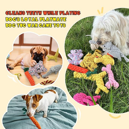 Dog Chew Toys for Small and Medium dogs, Animals and Fruits Shapes Cotton Rope Toys for Aggressive Chewers, Handwoven Interactive Dog Toys for Tug of War, Dental Health, Cleaning (9Pcs, Animals)