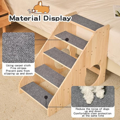 Dog Stairs for Small Medium Large Dogs 22.44" H Load Capacity 150lbs Solid Wood Non-Slip Sturdy Pet Steps for Bed & Couch 5 Step 15.75 * 27.56 * 22.44"
