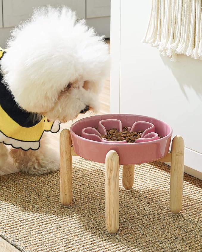 LE TAUCI Ceramic Slow Feeding Dog Bowls with Wooden Stand, Anti-Gulping, Non-Slip, Easy to Clean, Dishwasher Safe, 8 Inch, for Medium Dogs