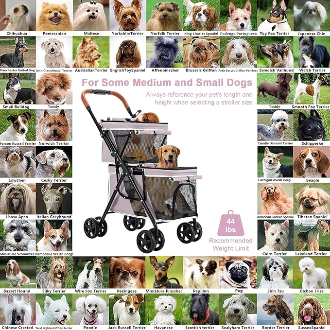 Double Pet Stroller for Dogs and Cats, One-Hand Folding Dog Stroller Travel Carriage for Small Medium Dogs Cats, 4 Wheels, Pink
