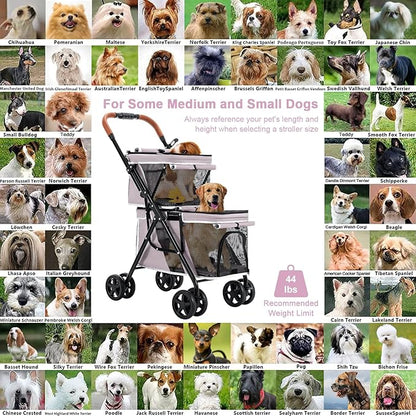 Double Pet Stroller for Dogs and Cats, One-Hand Folding Dog Stroller Travel Carriage for Small Medium Dogs Cats, 4 Wheels, Pink