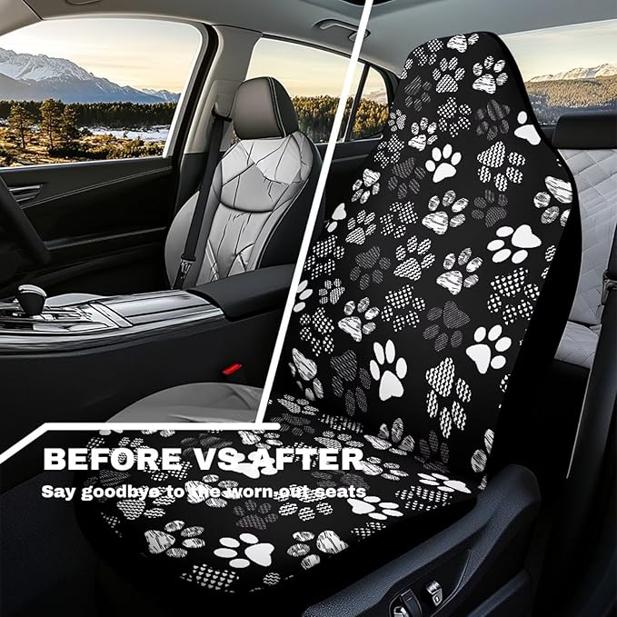 Car Seat Covers Waterproof Cute Dog Paw Print Car Seat Cover for Front Seats Set of 2 Easy Installation Universal Front Cars Seats Cover Fit for Cars, SUV and Trucks