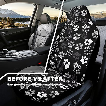 Car Seat Covers Waterproof Cute Dog Paw Print Car Seat Cover for Front Seats Set of 2 Easy Installation Universal Front Cars Seats Cover Fit for Cars, SUV and Trucks