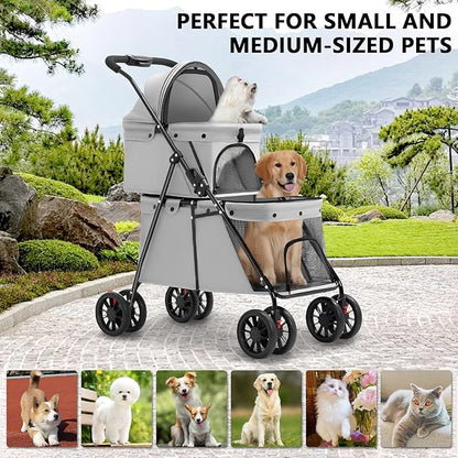 Double Pet Stroller for Medium Small Dogs and Cats with 2 Carriage, Durable Universal Wheels with Brakes Lightweight One Hand Foldale Kittens Puppies Travel Strolling Cart (Gray)