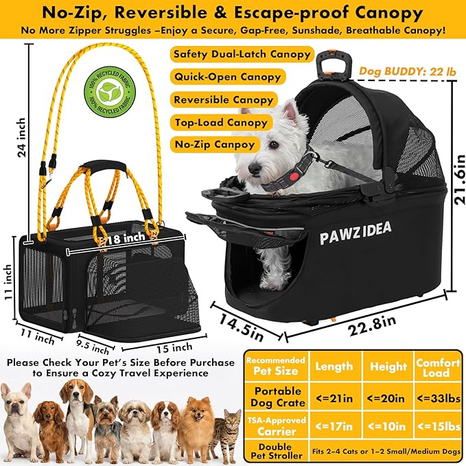 PAWZIDEA Double Pet Stroller with 2 Detachable Carrier, Lightweight Portable Travel Crate & Car Seat Combo & TSA-Approved Expandable Carrier, Foldable Jogger Stroller for 2–4 Cats or Small/Medium Dogs
