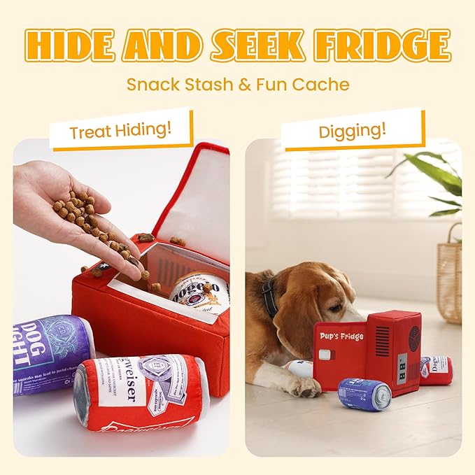 Nocciola Squeaky Beer Dog Toys with a Fridge, Funny Crinkle Hide and Seek Dog Chew Toys for Small Medium Large Breeds, Plush Stuffed Puppy Birthday Gifts