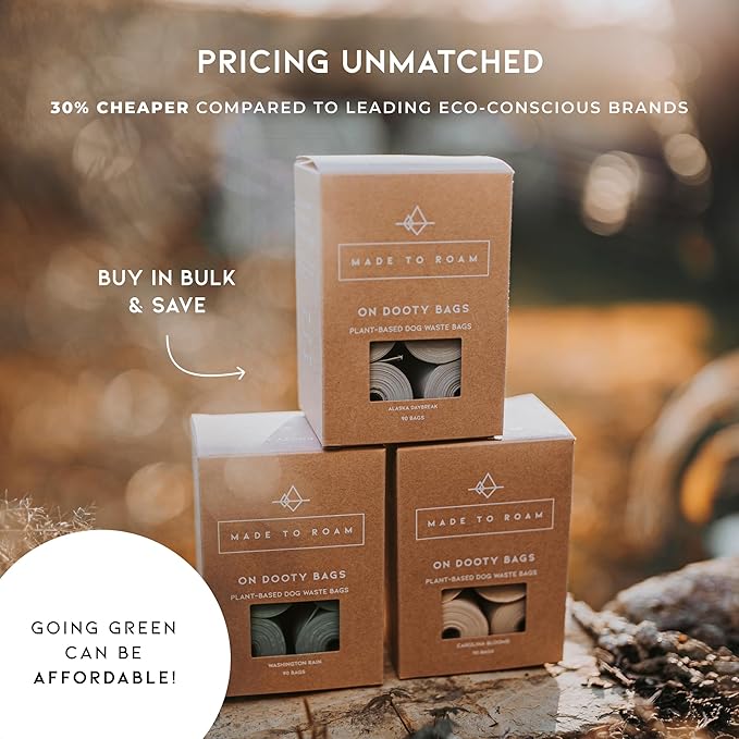 MADE TO ROAM On Dooty Bags - Plant Based Dog Poop Bag Rolls, Extra Thick, Leak Proof, Unscented Dog Waste Bags (Set of 3 Boxes, 270 Bags Total) - Washington Rain