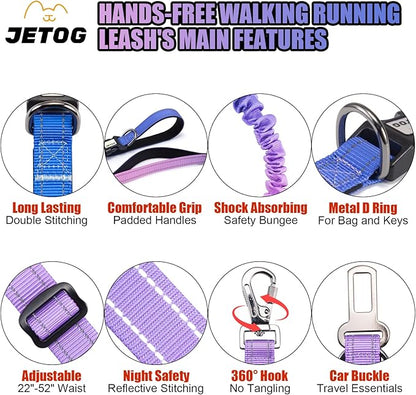 Heavy Duty Hands Free Dog Leash, 5-7 FT Reflective Adjustable Waist Dog Leash Belt with Padded Handles, Shock Absorbing Bungee and Car Seat Belt for Large Medium Dogs (Purple Blue, XL)
