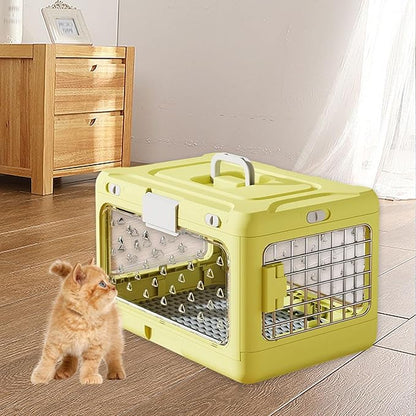 Folding Puppy Crate Cat Transport Box Hard Sided Transparent Portable Dog Kennel Pet Carrier for Small Dogs Rabbit Kitten, Yellow