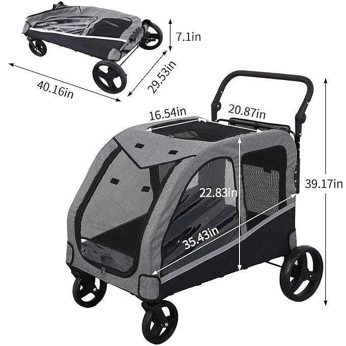 Large Dog Stroller for Medium/Large Dogs up to 130 lbs, Foldable Pet Stroller with 4 Wheels, Adjustable Handle, Heavy Duty Dog Carriage for Senior, Disabled, Injured Pets, Grey