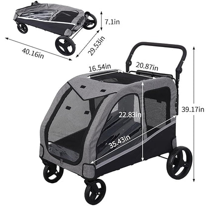 Large Dog Stroller for Medium/Large Dogs up to 130 lbs, Foldable Pet Stroller with 4 Wheels, Adjustable Handle, Heavy Duty Dog Carriage for Senior, Disabled, Injured Pets, Grey