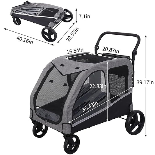 Large Dog Stroller for Medium/Large Dogs up to 130 lbs, Foldable Pet Stroller with 4 Wheels, Adjustable Handle, Heavy Duty Dog Carriage for Senior, Disabled, Injured Pets, Grey