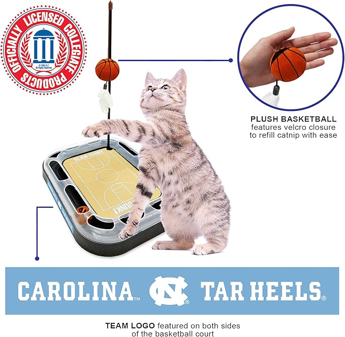 Pets First 6-in-1 Tar Heels Cat Toy - Reversible Cardboard Scratcher, Cat Ball, Bell, Wand, Plush Basketball - Catnip-Filled (UNC-5017-BB)