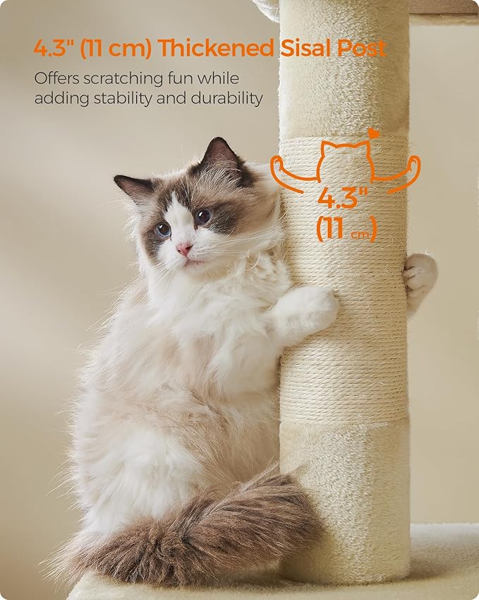 Feandrea Cat Tree, 40.6-Inch Cat Tower, Plush Condo for Extra Large Cats up to 44 lb, Large Perch, 2 Caves, Scratching Post, Beige UPCT614M01
