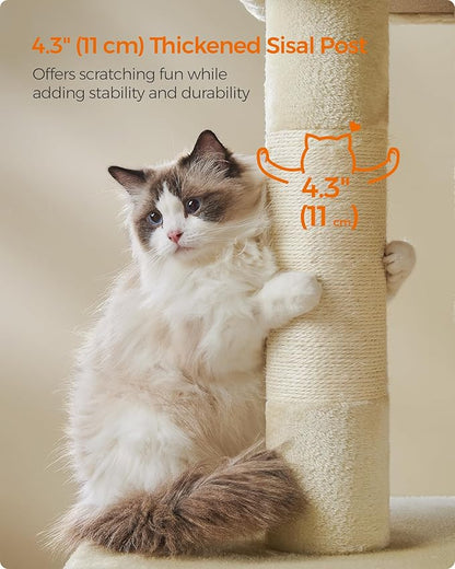Feandrea Cat Tree, 40.6-Inch Cat Tower, Plush Condo for Extra Large Cats up to 44 lb, Large Perch, 2 Caves, Scratching Post, Beige UPCT614M01