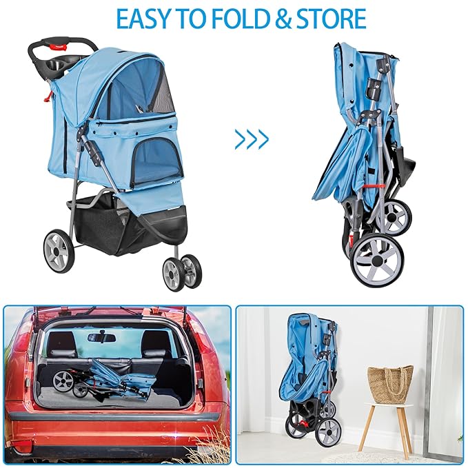ZENY Foldable Pet Stroller, Cat/Dog Stroller with 3 Wheel, Pet Strolling Cart, Dog Travel Carrier with Storage Basket + Cup Holder (Blue)