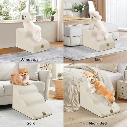 Mestuel Dog Stairs for Small Dogs, Pet Stairs Steps for Couch Sofa Bed, 3-Tiers Dog Stairs Ramp Ladder to Sofa Bed, Pet Stairs Steps for Old Injured Dogs Cats, Non Slip Bottom, Beige