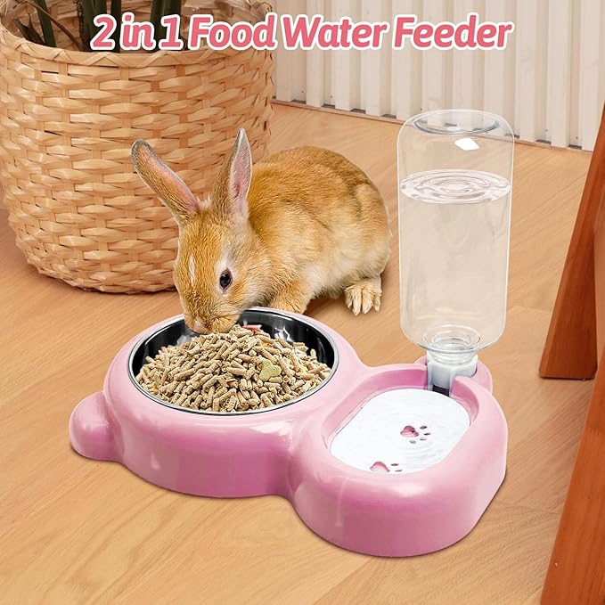 Rabbit Double Bowls Bunny Automatic Water Dispenser Detachable Stainless Steel Bowl No-Spill Water Bottle Food Feeder for Small Animals Bunny Squirrel Cat Puppy Chinchilla