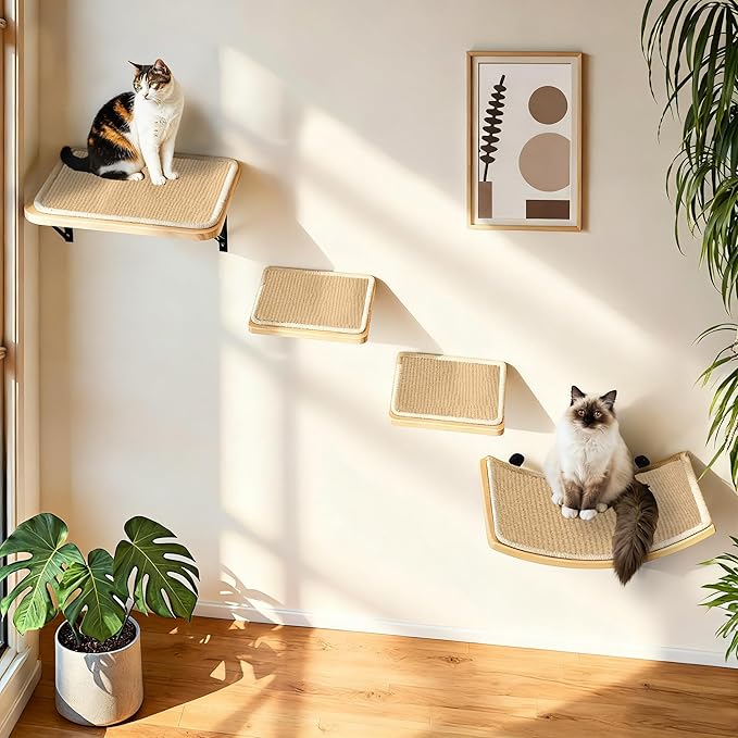 Cat Wall Shelves with Sisal Pads, 4-Piece Wooden Cats Furniture Set with Cat Window Perch, Flat Shelf & Sisal-Clad Steps for Climbing and Scratching