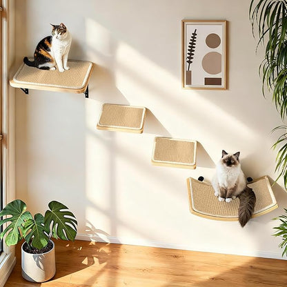 Cat Wall Shelves with Sisal Pads, 4-Piece Wooden Cats Furniture Set with Cat Window Perch, Flat Shelf & Sisal-Clad Steps for Climbing and Scratching