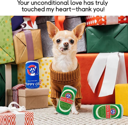 Squeaky Plush Dog Toys 2 Pack - Funny Beer Puppy Toys with Squeaker for Small Medium Large Dogs, Soft Stuffed Chew Toys for Birthday Gifts(Green&Blue)