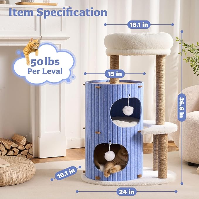 Modern Cat Tree for Indoor Cats Large Adult, 36in H Cat Tree Tower with Scratching Posts, Cozy Cat Bed Cave, Washable Cushions, Dangling Balls, Play&Nap Cat House Condo for All Breeds, Blue