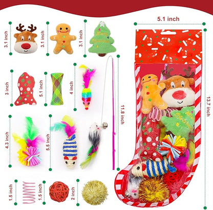 12Pcs Christmas Stocking Cat Toys, Xmas Cat Toys Set with Catnip Plush Toy, Mice Feather Toys, Cat Wand, Pet Supplies for Kitten Toys Interactive Play Indoor Cats Christmas Decorations