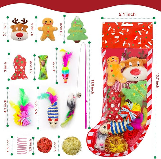 12Pcs Christmas Stocking Cat Toys, Xmas Cat Toys Set with Catnip Plush Toy, Mice Feather Toys, Cat Wand, Pet Supplies for Kitten Toys Interactive Play Indoor Cats Christmas Decorations