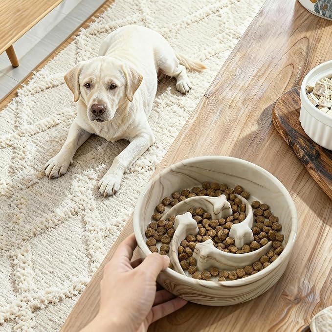 Stoneware Slow Feeder Dog Bowls Small Breed, 0.6 Cups Slow Eating Dog Bowl with Marble Pattern Design, Weighted Anti Gulping Food Bowl, Non Slip Puzzle Maze Pet Dishes for Fast Eaters, 6 inch