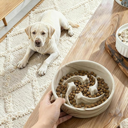Stoneware Slow Feeder Dog Bowls Small Breed, 0.6 Cups Slow Eating Dog Bowl with Marble Pattern Design, Weighted Anti Gulping Food Bowl, Non Slip Puzzle Maze Pet Dishes for Fast Eaters, 6 inch