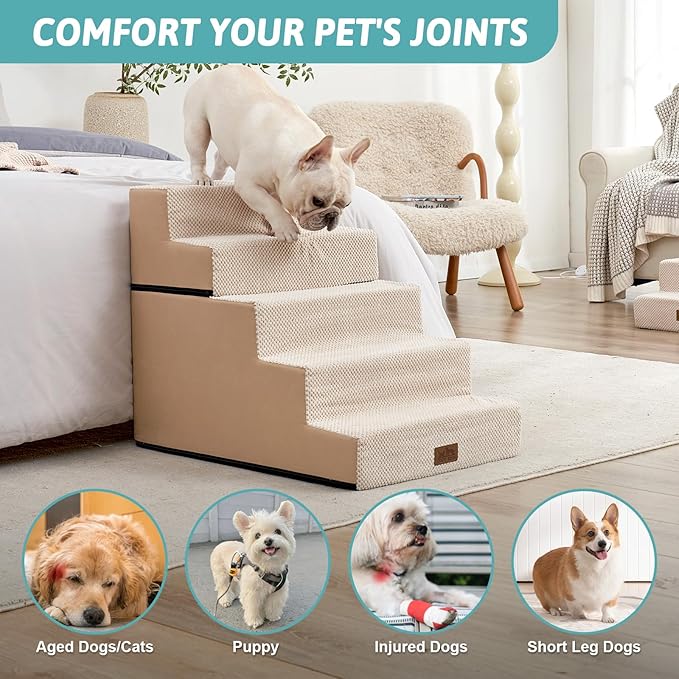 Dog Stairs for Small Dogs, 5 Tier Removable Wider Pet Stairs for Couch and Bed, 23.6" H Non-Slip Dog Steps for Puppies and Old Cats with Support Board, 19.7x29.5x23.6 inch, Beige