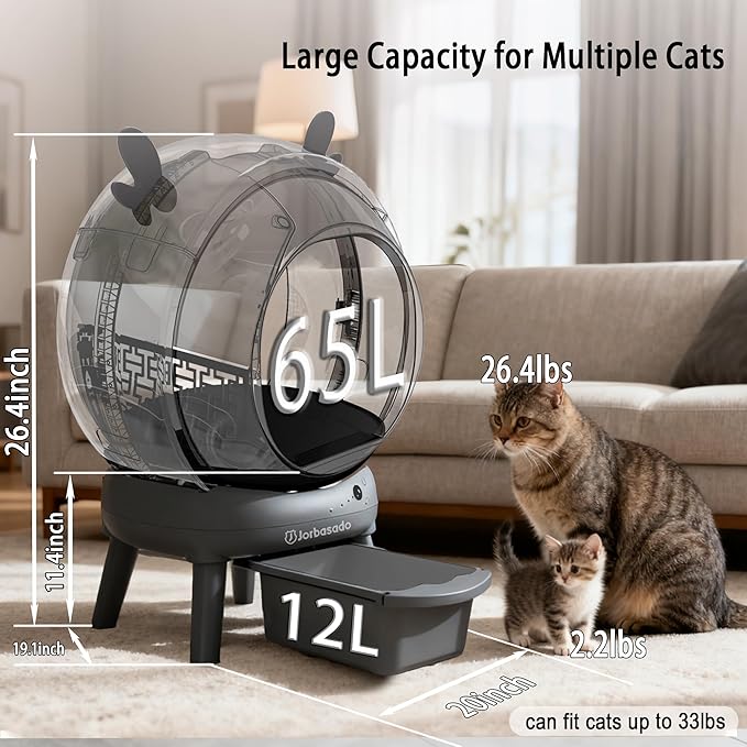 J JORBASADO Self Cleaning Cat Litter Box, 65L Large Capacity Automatic Litter Box Self Cleaning for Multiple Cats with Dual Safety Protection, APP Control & Odor Control, with Deer Antler Decor
