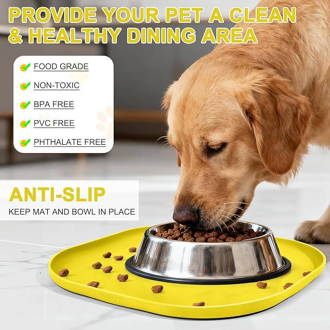 Small Silicone Pet Food Mat with Raised Edge for Food and Water Bowl, Square Dog Feeding Mats, Cat Food Trays for Floor Waterproof, Rubber Tray for Dogs and Cats, 12 x 12 x 0.7 Light Yellow