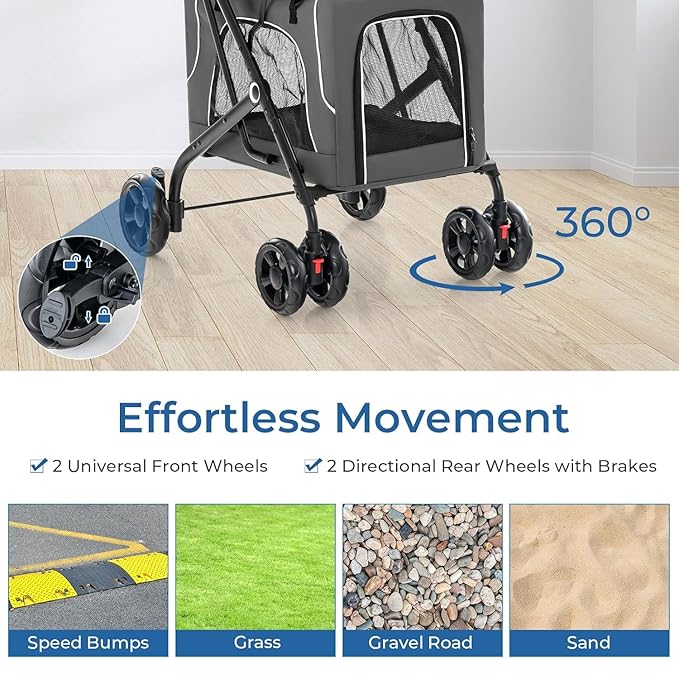 Double Dog Stroller, Foldable 3-in-1 Cat Strollers with 2 Detachable Carriers, Safety Belt, Washable Cover, Removable Pads, 4 Wheels Travel Pet Stroller for Small Medium Dogs(Grey)