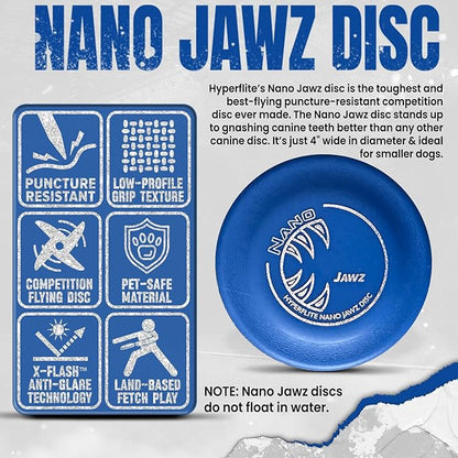 Hyperflite Nano Jawz Disc Dog Disc 4” (24g) | Official Skyhoundz Mini Flying Disc for Small Dogs & Puppies | Long-Flying, Lightweight Chase Dog Toy for Backyard, & Beach | Anti-Glare - Blue