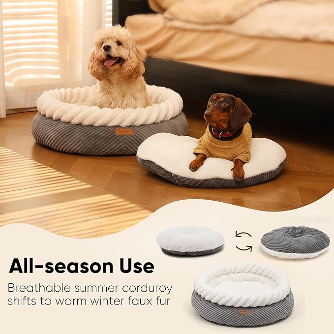 FUKUMARU Dog Bed, Calming Donut Dog Beds, Plush Faux Fur&Corduroy Cat Beds, Cute Round Washable Pet Bed for Large Cats and Small Dogs, Cat Cave with Anti-Slip Bottom, 25inch, Grey