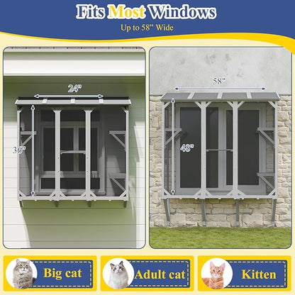 PetsCosset Cat Window Box Wooden Window Catio for Indoor Cats, Cat Enclosure with 4 Platforms & 3 Doors, Wall-Mounted Perch for Sunbathing, Play & Tunnel Connection, All-Weather Use, Keeps Insects Out