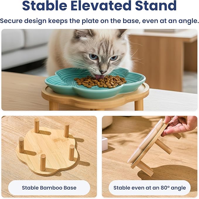 PawsPik Flower Ceramic Cat Feeding Plate with Raised Bamboo Stand, Elevated Whisker-Friendly Pet Bowl, Anti-Slip Stable Design, Dishwasher Safe (Blue)