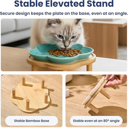 PawsPik Flower Ceramic Cat Feeding Plate with Raised Bamboo Stand, Elevated Whisker-Friendly Pet Bowl, Anti-Slip Stable Design, Dishwasher Safe (Blue)