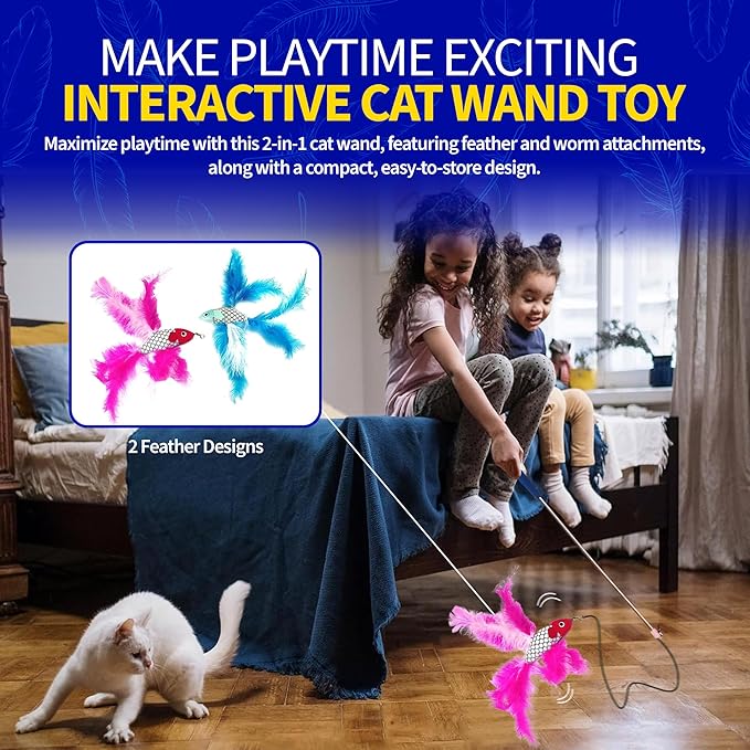 Pet Fit For Life Cat Feather Wand Toys – Interactive Cat Wand Toy for Indoor Pets | 2 Feathery Fish Attachments | Promotes Animal Health & Fitness, Made w/Soft & Durable Materials | Gift