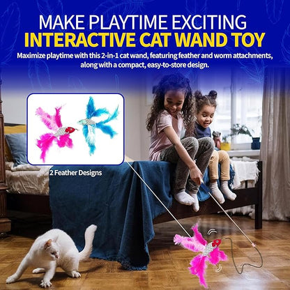 Pet Fit For Life Cat Feather Wand Toys – Interactive Cat Wand Toy for Indoor Pets | 2 Feathery Fish Attachments | Promotes Animal Health & Fitness, Made w/Soft & Durable Materials | Gift