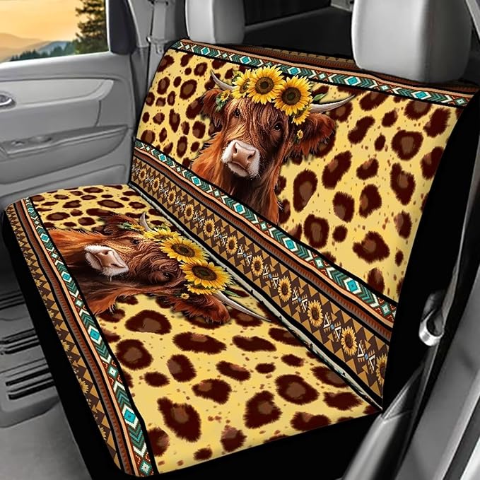 AFPANQZ Stripes Highland Cow Car Seat Cover Rear Seats Only High Stretchy Washable Bucket Seat Cushion Protector Backseats Covers for Girls Women, Fit Most Cars, Sedan, SUV, Van