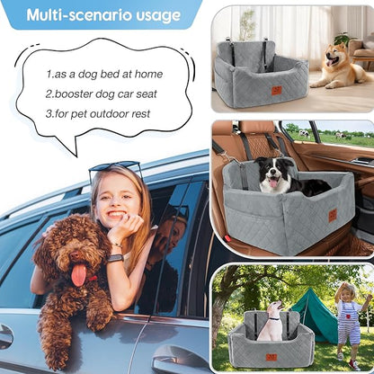 GL GLENSLAVE Dog Car Seat for Medium/Large Dogs, Dog Booster Seat for Pet Under 50lbs or 2 Small, Detachable and Washable Pet Car Seat,Multi-Functional Pet Travel Bed for Backseat(Grey)
