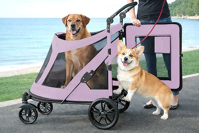 Pet Gear NO-Zip Pet Stroller with Dual Entry, Push Button Zipperless Entry for Single or Multiple Dogs/Cats, Pet Can Easily Walk in/Out, Gel-Filled Tires, Cotton Candy, Excursion